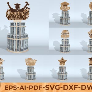 Könnte beinhalten: Eine Geldtorte zum Thema Abschluss mit einem Holzaufsatz mit der Aufschrift "Congrats Grad!" und einer Silhouette eines Absolventen. Die Torte besteht aus aufgerollten Dollarnoten und hat einen Holzsockel.