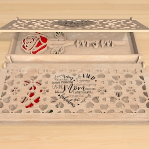 Caja de regalo con rosa SVG, rosa de madera svg, regalo para mamá, rosa de madera svg, día de la madre svg, archivos SVG cortados con láser para el día de la madre, caja de regalo Glowforge