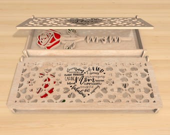 Box Gift with Rose SVG, Wooden Rose svg, Gift for Mom, Wooden Rose svg, Mothers Day svg, Mothers Day Laser Cut SVG Files, Glowforge Gift Box