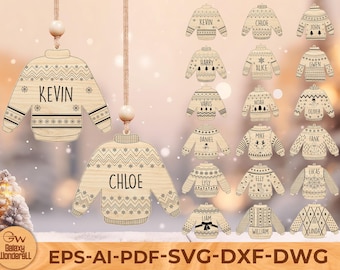 Op de afbeelding: Houten kersttrui-ornamenten met namen als Kevin en Chloe. Elk ornament heeft een uniek ontwerp en is opgehangen aan een natuurlijk gekleurd touwtje. De ornamenten zijn lasergesneden en klaar voor personalisatie.