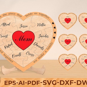 Aangepaste Moederdag puzzelbord, Heart of the Family-bord voor moeders, moeder, jij bent het stuk dat ons bij elkaar houdt, Glowforge-svg-bestanden