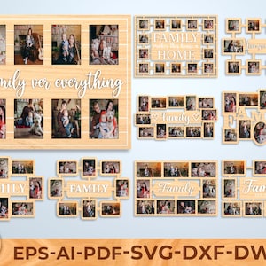 May include: A collection of wooden family photo frames in different styles. One frame features the text "Family ver everything". Other frames display the word "Family" and hold multiple photos. The frames are made of light-coloured wood.