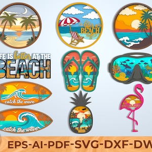 Puede incluir: Una colección de diseños de playa de madera en capas. Incluye escenas circulares con palmeras y puestas de sol, un par de chanclas, una piña, un flamenco y tablas de surf con el texto "catch the wave".