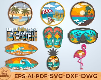 Strand Multilayer Laser Cut Datei SVG, Sommer geschichtete Holzschild Bundle, Flamingo Surfbrett Ozean Schatten Box Cut Datei Glowforge Cricut