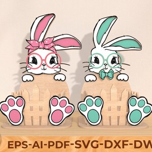 Diseños de corte láser de conejos de Pascua, canastas de Pascua SVG láser, decoración de Pascua, archivos SVG de conejito de Pascua Glowforge