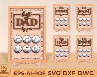 May include: Four wooden signs with golf ball designs and the text "Best Dad by par", "Best Stepfad by par", "Best Papa by par", and "Best Pops by par". Each sign has nine golf balls with names written on them.