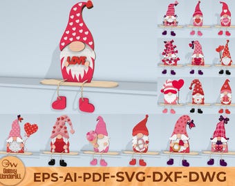 Valentinstag Gnom Regalsitter SVG, süße Liebe Gnom Dekor SVG, Valentinstag Valentinstag Tischschild SVG, Laser geschnitten Datei für Glowforge Cricut svg