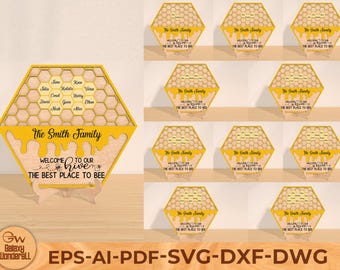 Cartello in legno personalizzato con famiglia di alveari, idee regalo per la festa della mamma, regalo personalizzato per la famiglia di api per la nonna, file svg Glowforge, file tagliati al laser