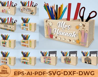 Teacher Pencil Holder SVG File, Personalized Teacher Name Gift, Laser Cut Wood Desk Organizer, Classroom Decor Back To School Glowforge