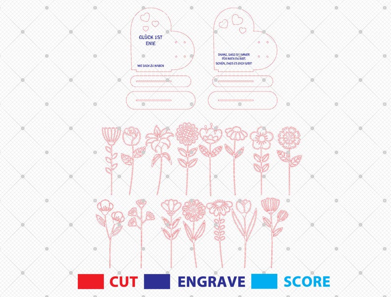 May include: A digital design file for a laser cut heart-shaped card with the text "Gl&uuml;ck ist eine..." and "Danke dass du immer f&uuml;r mich da bist..."  The design also includes a variety of flowers and leaves.