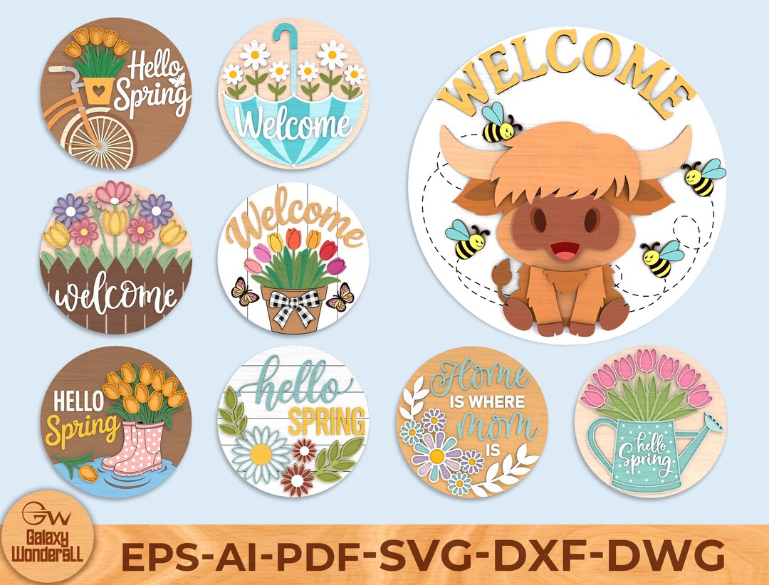 Spring Welcome Round Sign SVG Bundle, Floral Farmhouse Door Decor ...