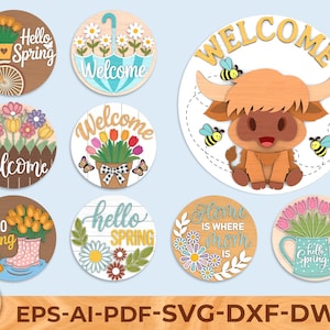 Spring Welcome Round Sign SVG Bundle, Floral Farmhouse Door Decor, Seasonal Wood Circle Laser Cut File, Glowforge Svg
