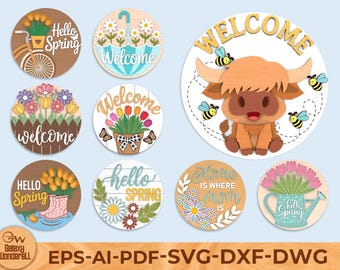 Spring Welcome Round Sign SVG Bundle, Floral Farmhouse Door Decor, Seasonal Wood Circle Laser Cut File, Glowforge Svg