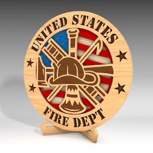 米国消防署スタンド レーザーカット SVG、米国旗レーザーカット、3D スタンディング消防署 SVG、独立記念日テーブルトップ装飾、Glowforge SVG ファイル