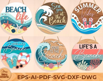 Beach Theme Sign Bundle SVG: Round Door Hanger, Ocean Decor (Digital Download)