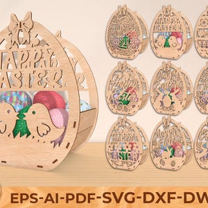 Cestino porta-uova coniglietto pasquale SVG, cestino regalo pasquale SVG laser, design cestino uova pasquali felice pasquale, design cestino pasquale tagliato al laser