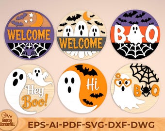 May include: Six circular wooden Halloween signs with various designs. The signs feature ghosts, bats, and spiderwebs, with the words "Welcome," "Boo," and "Hey Boo!" in orange and white. Ideal for seasonal decorations, these signs are a festive addition.