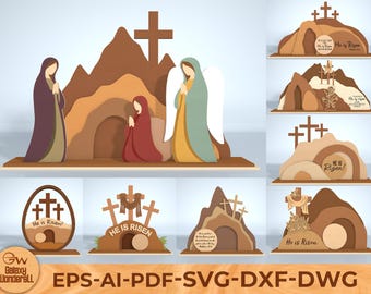 He Is Risen Easter Wood Decor SVG, Christian Resurrection Scene Laser Cut File, Layered Religious Table Sign, religious wood sign