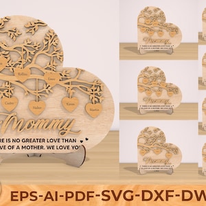 Arbre généalogique personnalisé coeur stand Decor SVG, coeur arbre généalogique SVG, arbre de vie et support, Svg fête des mères, fichiers Glowforge Svg découpés au laser