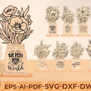 Muttertagsblumen und Vase SVG, 3D Laser Cut Datei Wildblumenstrauß, Florals Muttertagsgeschenk Tags Digitaler Download