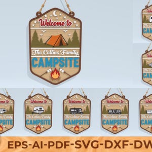 May include: Wooden campsite sign with the text "Welcome to" and "The Collins Family Campsite." The sign features a tent, trees, a campfire, and a crescent moon. Several variations of the sign are shown, each with a different camper illustration.