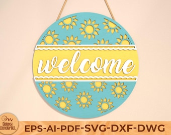 Sunflower Welcome Sign Cut File: Door Hanger SVG, Laser File (Digital Download)