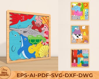 Educational kids animal puzzle bundle svg, Puzzle for kids , Kids laser svg, diy craft kits, Laser Cut Glowforge, Digital download