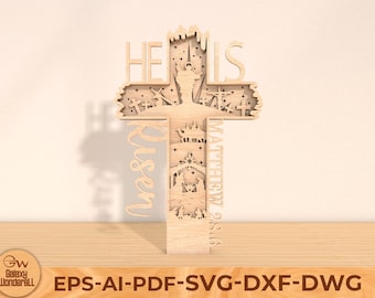 May include: A wooden cross with intricate cutouts depicting a scene from the Bible. The text "HE IS RISEN" and "MATTHEW 28:6" are visible on the cross.