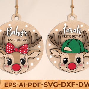 Primo ornamento natalizio del bambino in formato SVG, etichetta con nome a forma di renna, file tagliato al laser, primo ornamento natalizio per bambina e bambino, file Glowforge per Cricut