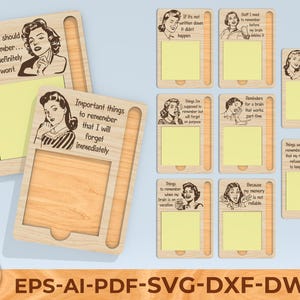 May include: Wooden memo holders with retro illustrations and humorous quotes. The holders have a slot for sticky notes and a pen. The quotes include phrases like "Things I should remember... but definitely won't."