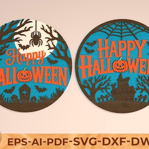 Happy Halloween Round Door Sign svg, Halloween Door Hanger svg, Haunted House svg, Halloween Decor svg, Laser Glowforge, Digital Lasercut
