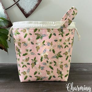 Knitting Project Bag 2 Sizes, Winter Floral Pink Cream Holiday Drawstring Crochet Sock Shawl Pouch, Gifts for Knitters Crocheters