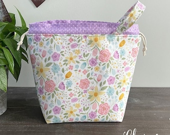 Knitting Project Bag, Spring Pastel Floral Easter Drawstring Book Tote, Crochet Sewing Project Bag Makeup Pouch, Gifts for Knitters