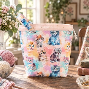 Pastel Kittens Knitting Project Bag, Crochet Pouch, Yarn Organizer