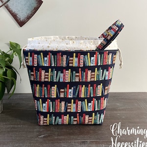 Knitting Project Bag, Rifle Paper Co Curio Book Club Navy Drawstring Tote, Crochet Sewing Makeup Pouch, Gifts for Knitters Sock Shawl