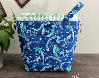 Knitting Project Bag, Mermaids Undersea Drawstring Book Tote, Crochet Sewing Travel Project Bag Makeup Pouch, Gifts for Knitters Yarn Tote