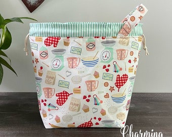 Knitting Project Bag, Baking Bakery Themed Drawstring Tote, Crochet Sewing Project Bag Sock Shawl Pouch, Gifts for Knitters Crocheters