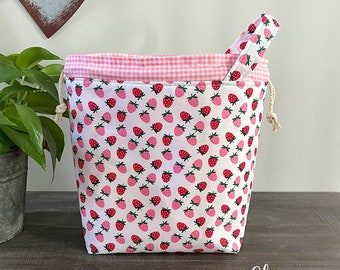 Knitting Project Bag, Strawberry Drawstring Tote, Crochet Sewing Project Bag Sock Shawl Pouch, Gifts for Knitters Crocheters