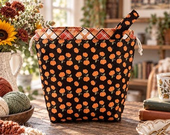 Autumn Pumpkin Knitting Project Bag, Drawstring Tote, Small or Large
