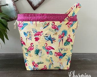 Knitting Project Bag, Summer Tropical Flamingos Drawstring Tote, Crochet Sewing Project Bag Sock Shawl Pouch, Gifts for Knitters Crocheters