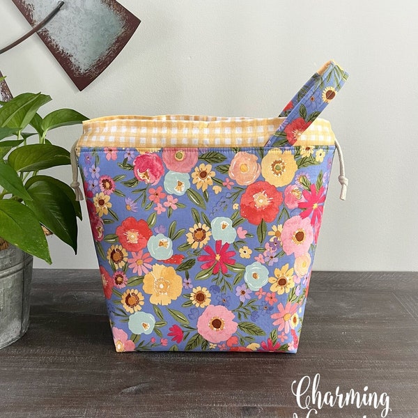 Knitting Project Bag, Summer Floral Yellow Drawstring Tote, Crochet Sewing Sock Shawl Project Bag Pouch, Gifts for Knitters Crocheters