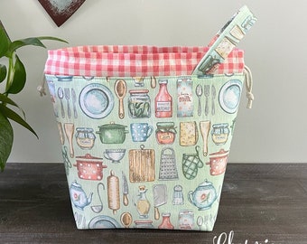 Knitting Project Bag, Kitchen Cooking Theme Drawstring Tote, Crochet Sewing Project Bag Sock Shawl Pouch, Gifts for Knitters Crocheters