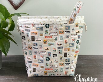 Knitting Project Bag, Postage Stamps Rifle Paper Drawstring Tote, Crochet Sewing Project Bag Sock Shawl Pouch, Gifts for Knitters Crocheters