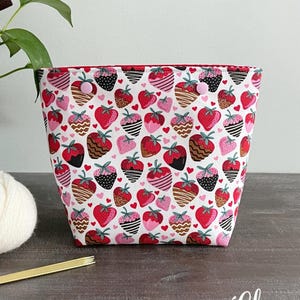 Valentines Day Sock Project Bag, Small Knitting Snap Project Bag, Watercolor Hearts, Gifts for Knitters Crocheters Gifts under 30