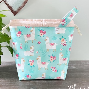Knitting Project Bag 2 Sizes, Llamas on Blue Drawstring Bag, Crochet Project Bag, Gifts for Her Bag Sock Shawl Knitting