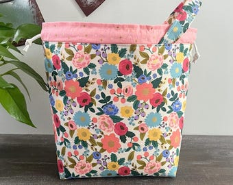 Drawstring Knitting Project Bag, Rifle Paper Co Vintage Blossoms, Crochet Pouch