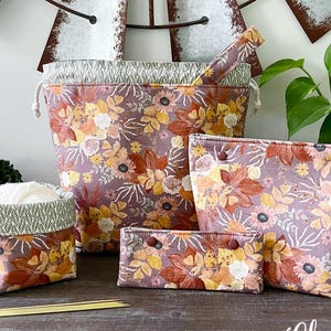 Knitting Project Bag Set, Autumn Evening Floral, Large Drawstring Yarn Cozy DPN Case, Gifts for Knitters Yarn Organizer