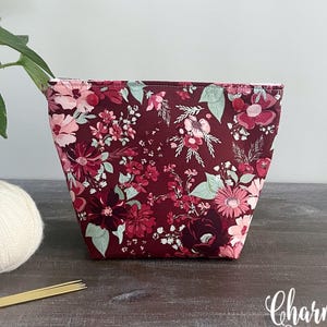 Knitting Project Bag, Zipper or Snap Top, Sock Knitting Pouch, Ruby Blossoms Floral