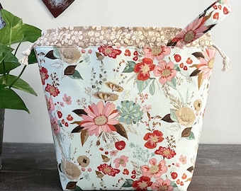 Meadow Wildflowers Blue Knitting Project Bag, Crochet WIP Tote, Drawstring Organizer