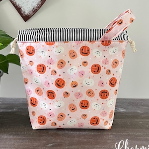Knitting Project Bag 2 Sizes, Halloween Jack o Lanterns Pink Drawstring Crochet Project Bag Sock Shawl Pouch, Gifts for Knitters Crocheters